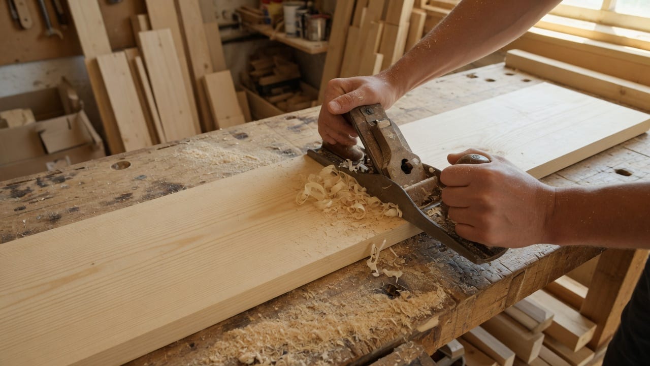 Hands planing unfinished lumber on a workshop bench