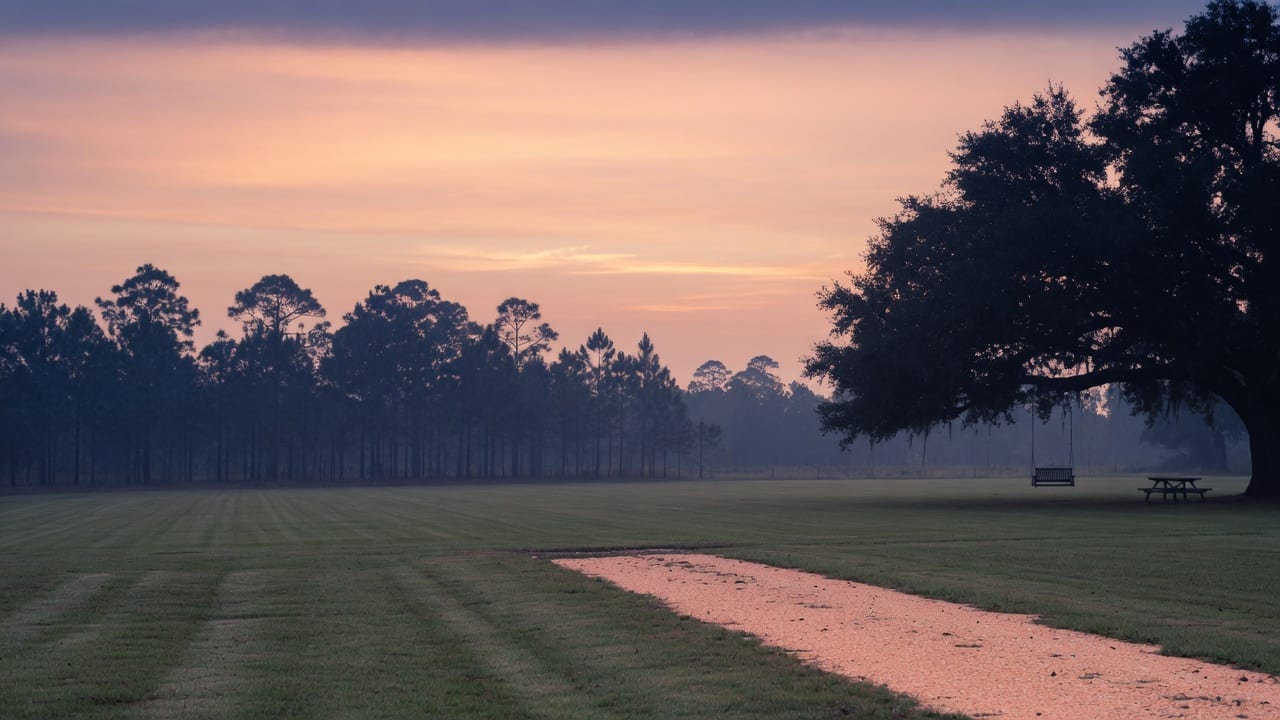 Rural backyard at dusk with a distant wooden swing and picnic table