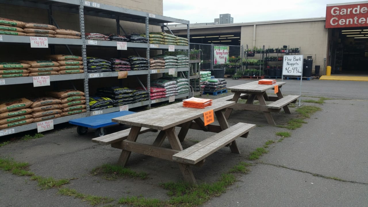 Wooden picnic tables on display outside a garden center